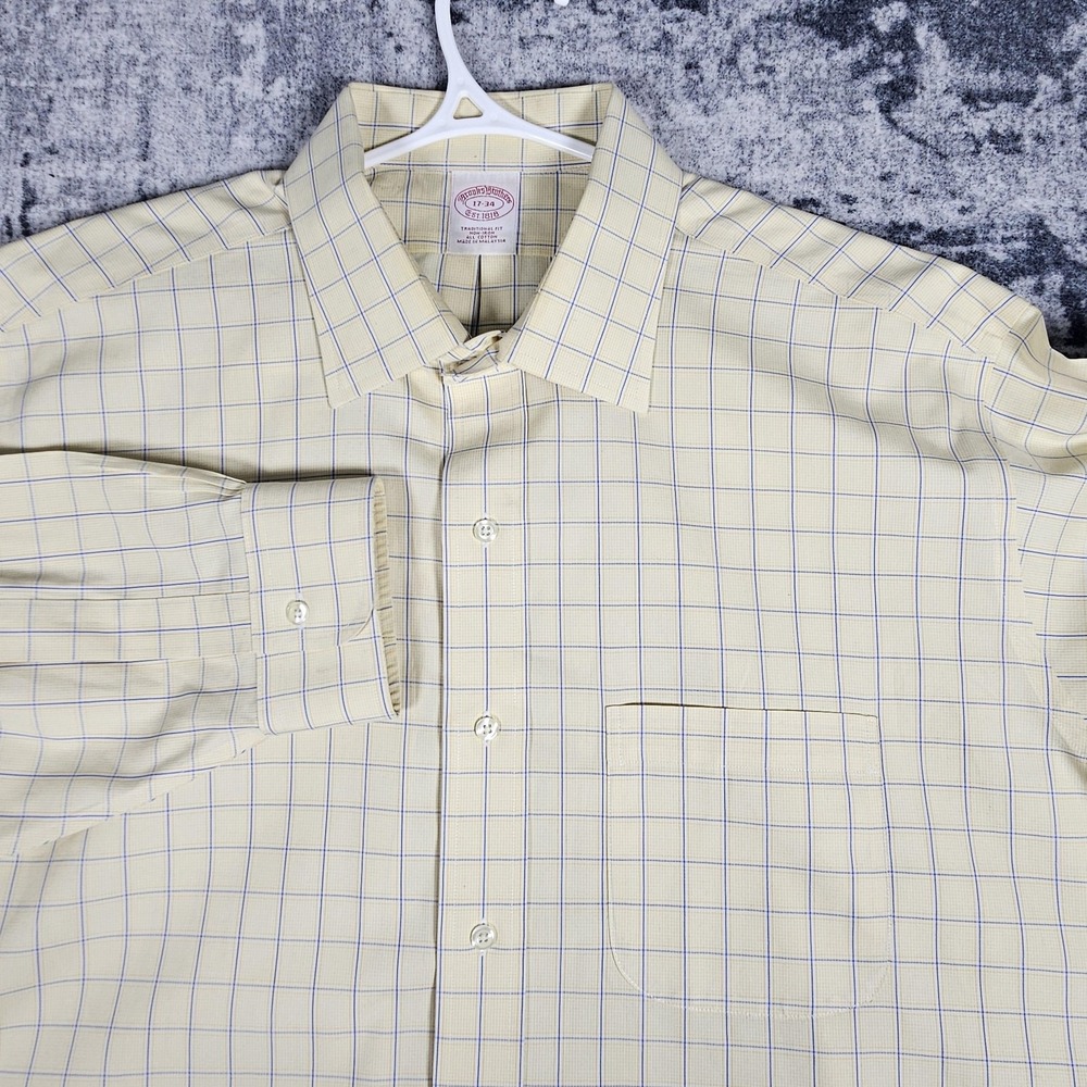 Brooks Brothers Dress Shirt Mens 17 34/35 Yellow Check Classic Fit Non Iron LS